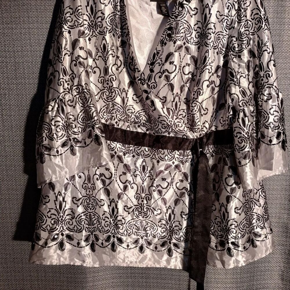 Lane Bryant Sheer Embroidered Wrap Blouse – Black & White Baroque Print